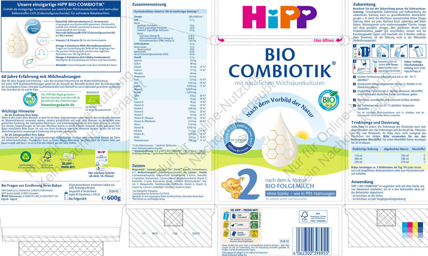 HiPP 2 BIO COMBIOTIK® OHNE STÄRKE (600g)