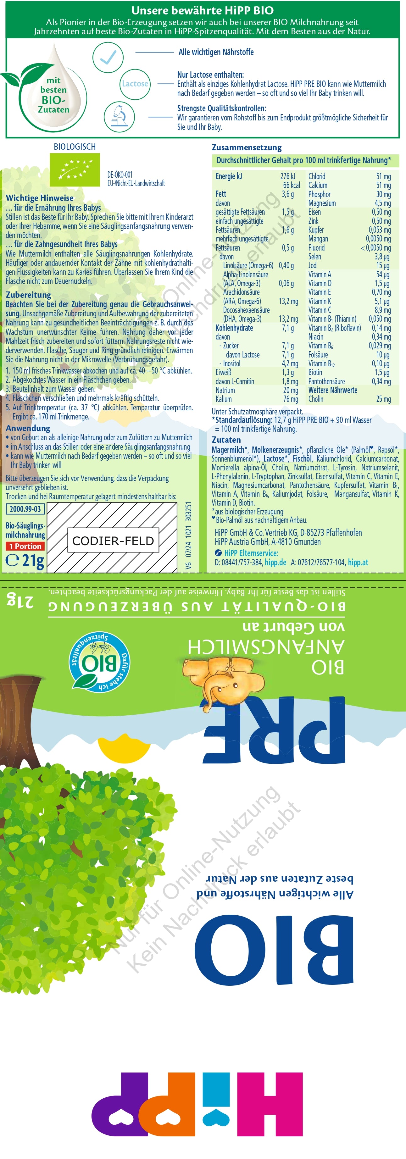 HiPP PRE BIO Anfangsmilch (20 Portionsbeutel)