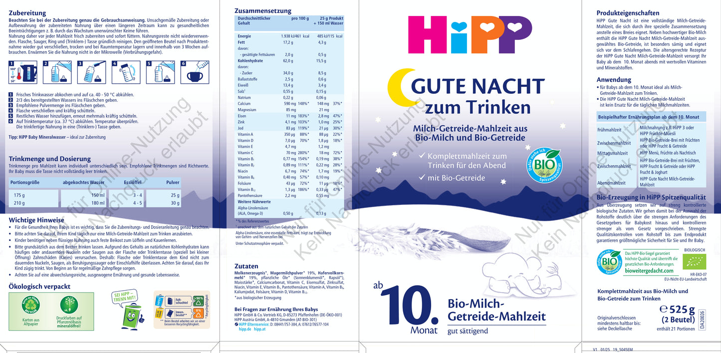 HiPP Gute Nacht Milch-Getreide-Mahlzeit (525g)